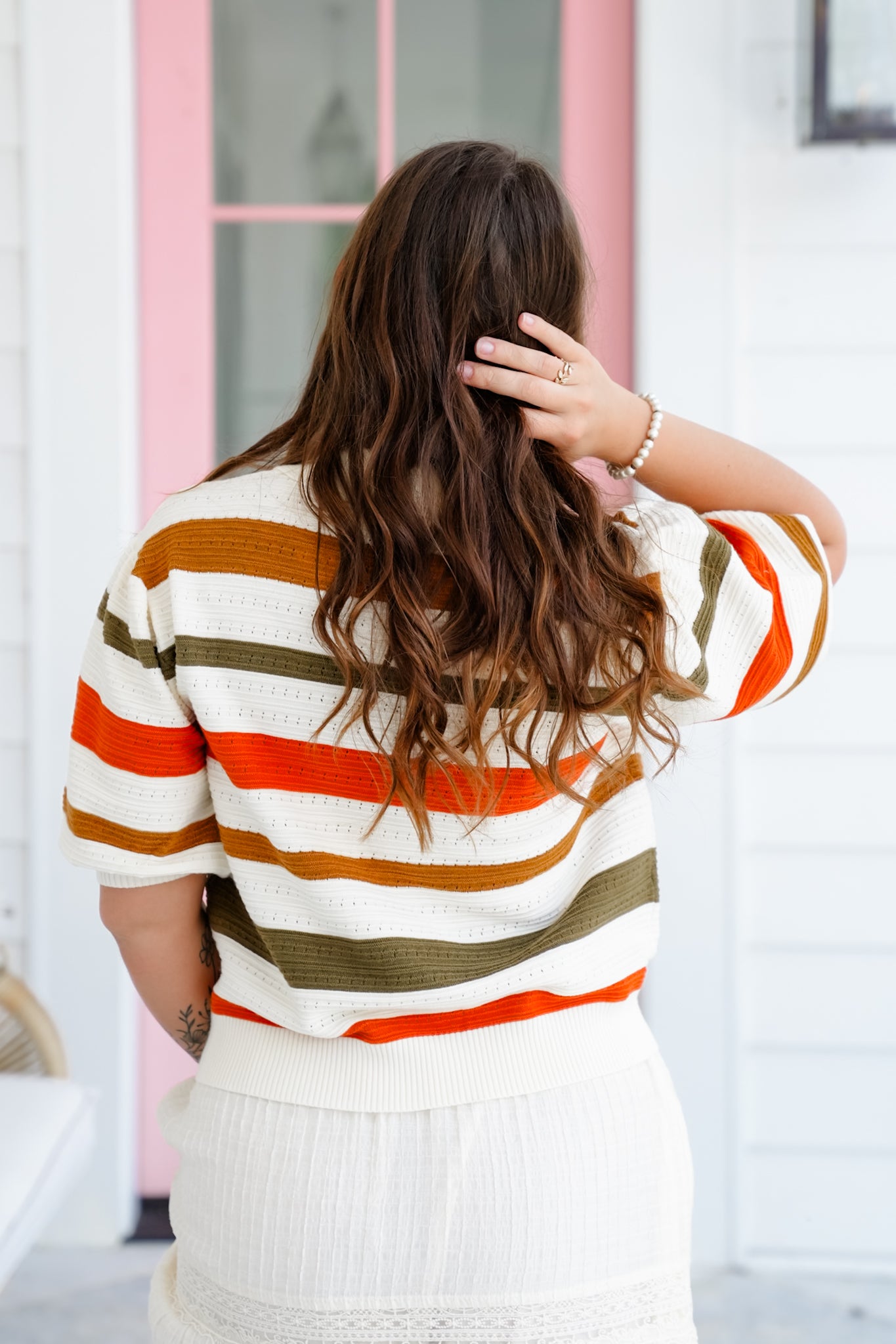 Stripe Short Sleeve Collared Sweater Top