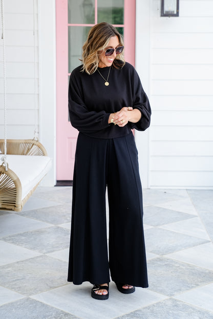 Plus/Reg Solid Long Sleeve Top and Wide Leg Pants Set