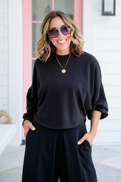 Plus/Reg Solid Long Sleeve Top and Wide Leg Pants Set
