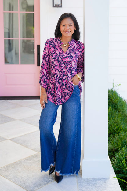 Plus/Reg Navy and Pink Paisley 3/4 Sleeve Tunic Top