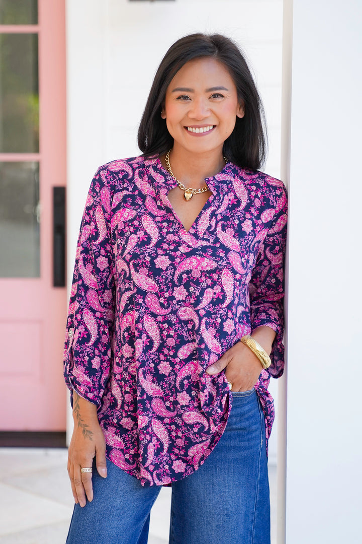 Plus/Reg Navy and Pink Paisley 3/4 Sleeve Tunic Top