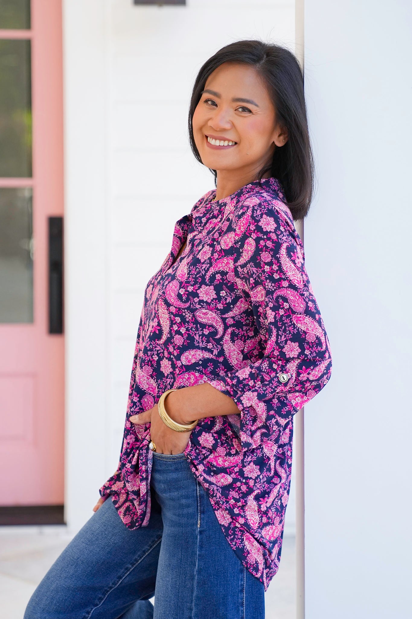 Plus/Reg Navy and Pink Paisley 3/4 Sleeve Tunic Top
