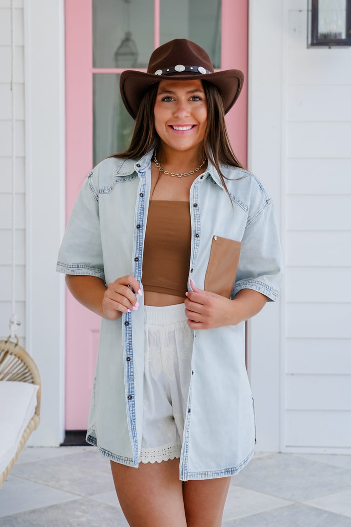 Short Sleeve Button Down Top with Vegan Leather Pocket Detail