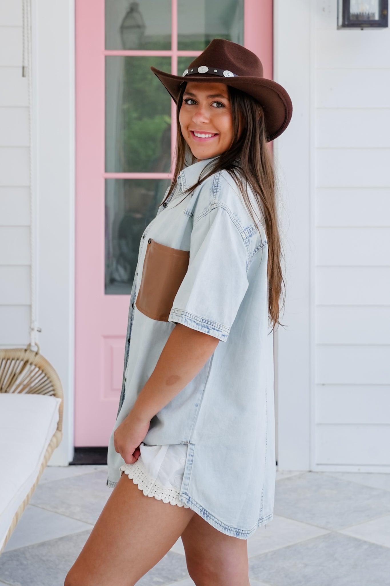 Short Sleeve Button Down Top with Vegan Leather Pocket Detail