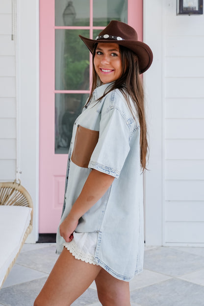 Short Sleeve Button Down Top with Vegan Leather Pocket Detail