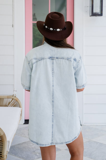Short Sleeve Button Down Top with Vegan Leather Pocket Detail