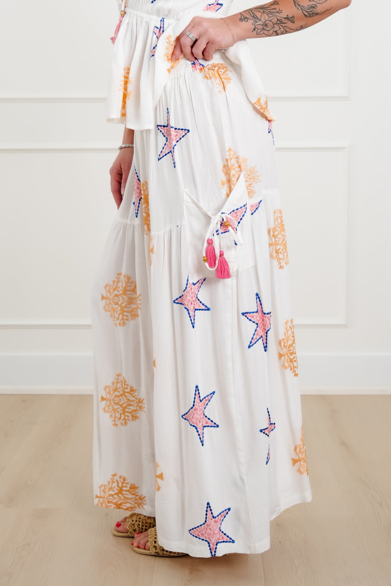 POL Star Embroidered Elastic Waist Wide Leg Pants