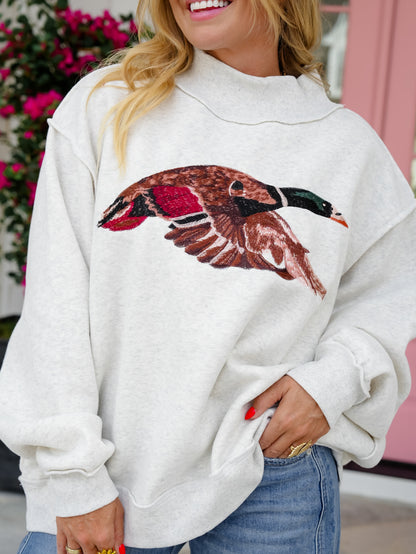 Embroidered Mallard Long Sleeve Mock Neck Sweatshirt