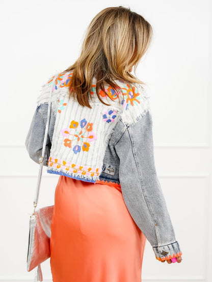 POL Flower Embroidered Long Sleeve Button Up Jacket