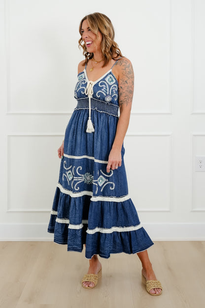 POL Embroidered Sequin Sleeveless V Neck Maxi Dress