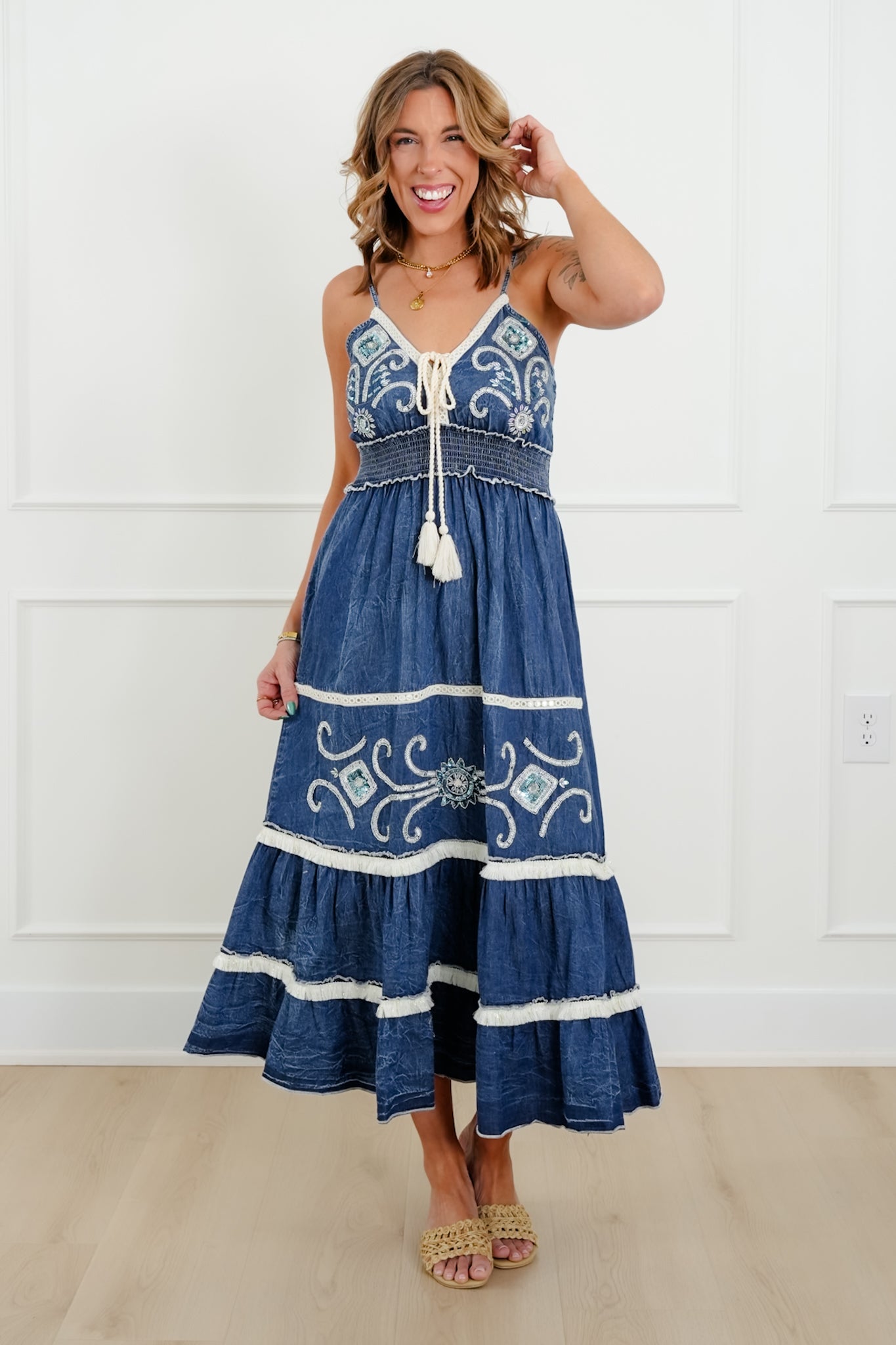 POL Embroidered Sequin Sleeveless V Neck Maxi Dress