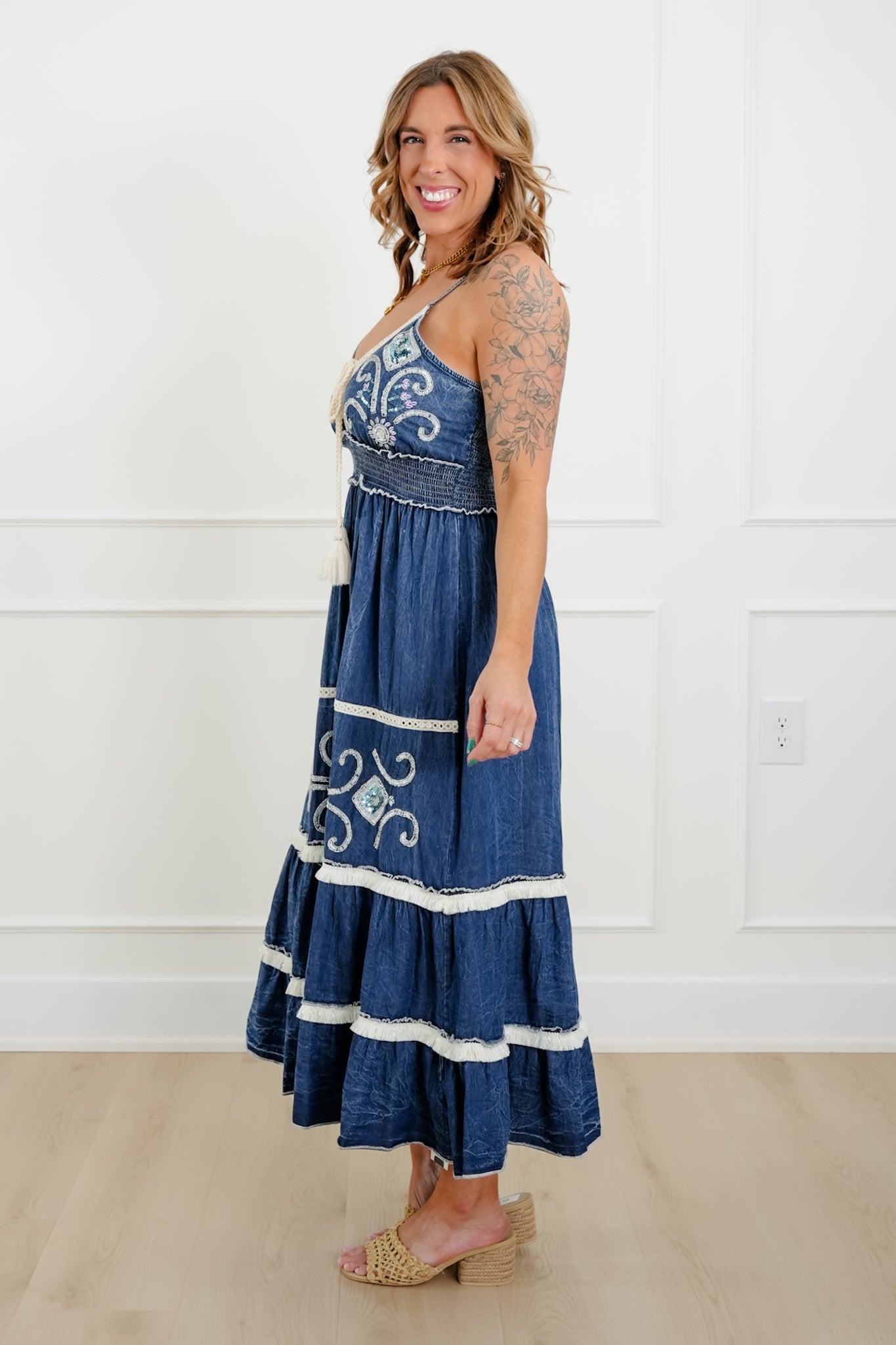 POL Embroidered Sequin Sleeveless V Neck Maxi Dress