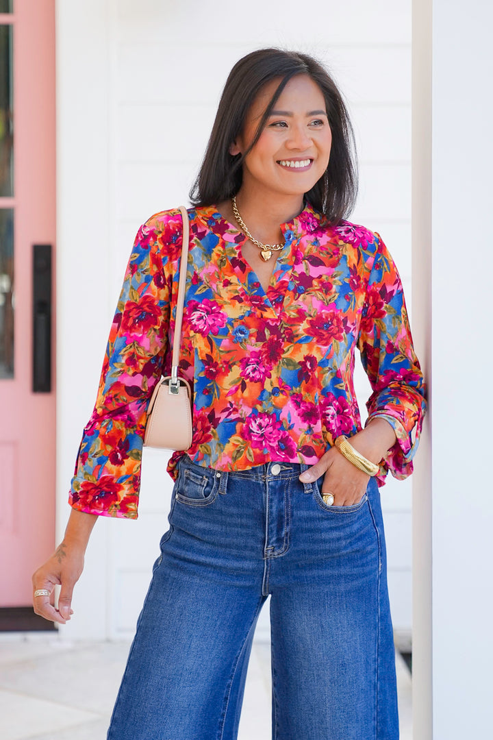 Plus/Reg Floral 3/4 Button Tab Tunic Top