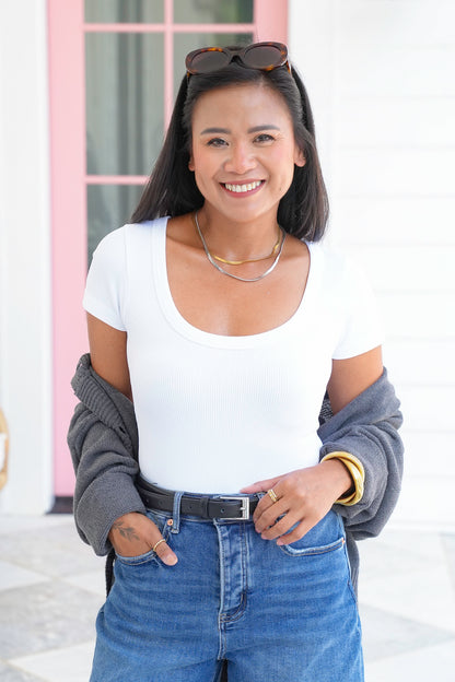 Ribbed Knit Short Sleeve Scoop Neck Bodysuit