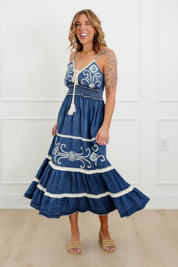 POL Embroidered Sequin Sleeveless V Neck Maxi Dress