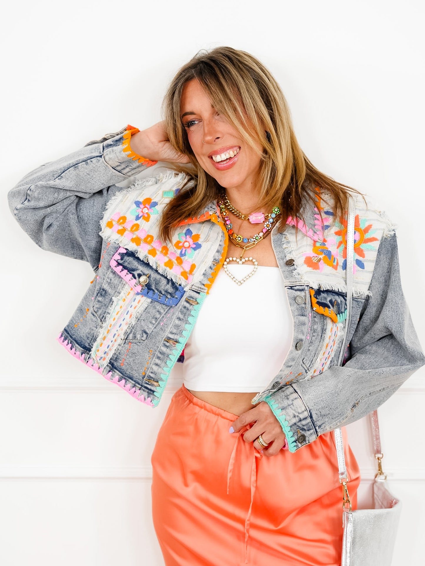 POL Flower Embroidered Long Sleeve Button Up Jacket