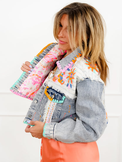 POL Flower Embroidered Long Sleeve Button Up Jacket