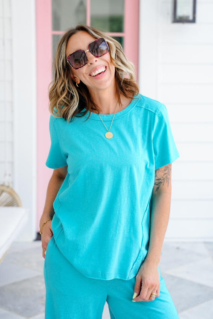 Short Sleeve Round Neck Top with Reverse Seam Detail