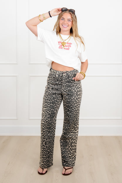 Plus/Reg Animal Print High Rise Straight Leg Pants