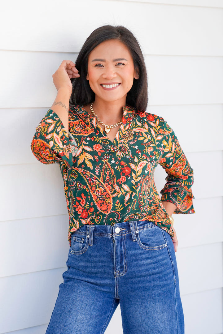 Plus/Reg Paisley Print Long Bell Sleeve Tunic Top