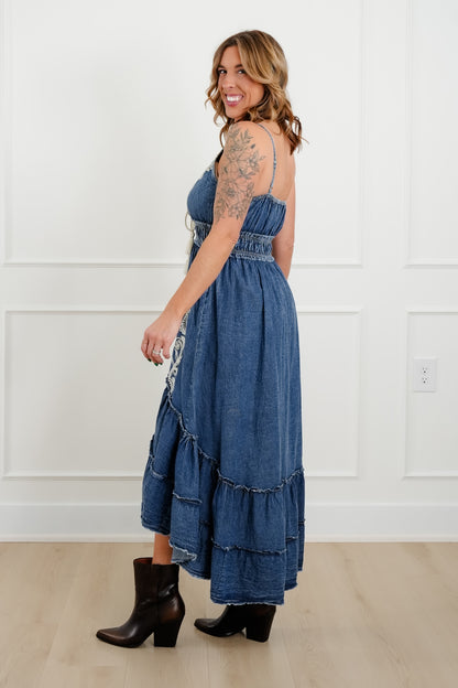 POL Medium Wash Sleeveless V Neck Tiered Dress