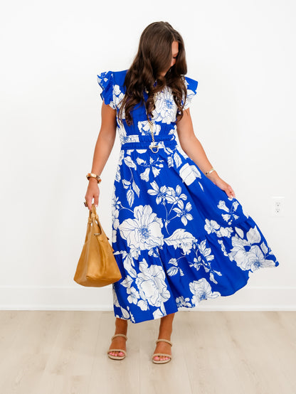 Plus/Reg Blue Floral Print Short Flutter Sleeve Midi Dress