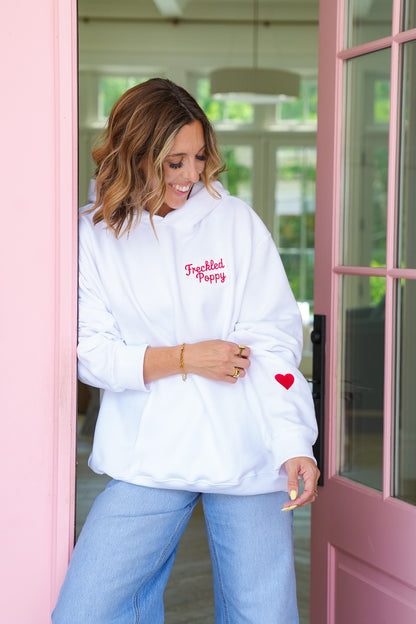 Plus/Reg Long Sleeve Embroidered "Freckled Poppy" Graphic Hoodie with Heart