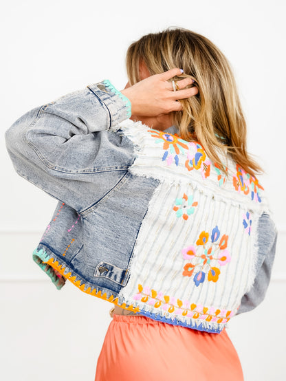POL Flower Embroidered Long Sleeve Button Up Jacket