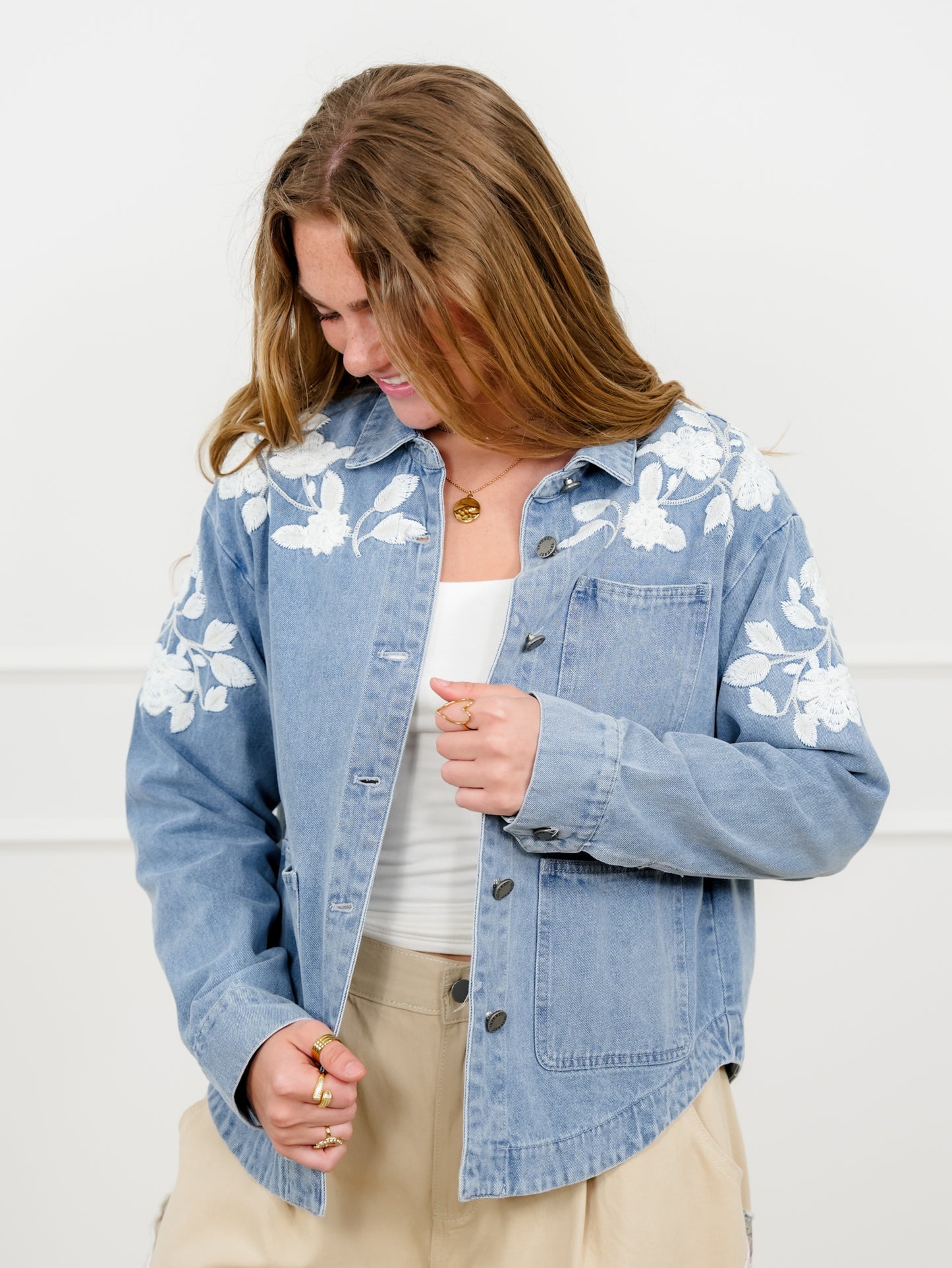 Veveret Medium Wash Long Sleeve Jacket with Floral Detail