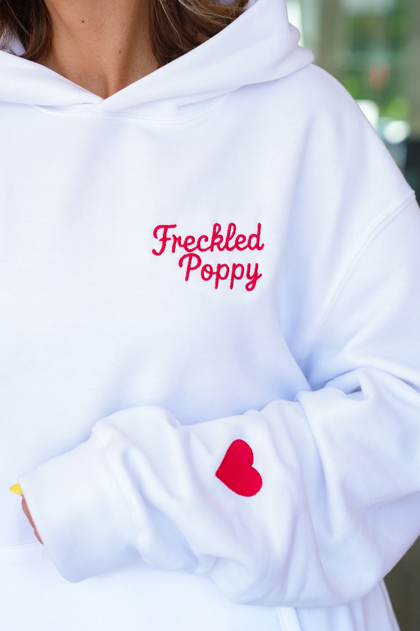 Plus/Reg Long Sleeve Embroidered "Freckled Poppy" Graphic Hoodie with Heart