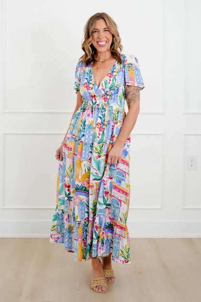 Floral Print Short Sleeve Deep V Neck Tiered Maxi Dress