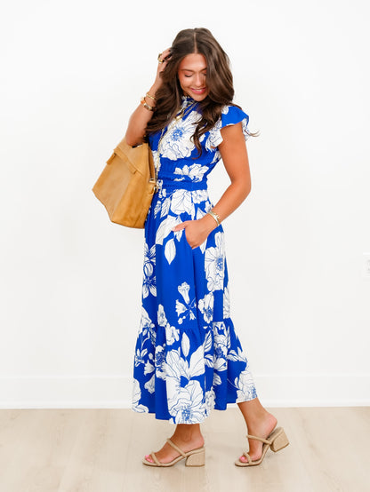 Plus/Reg Blue Floral Print Short Flutter Sleeve Midi Dress