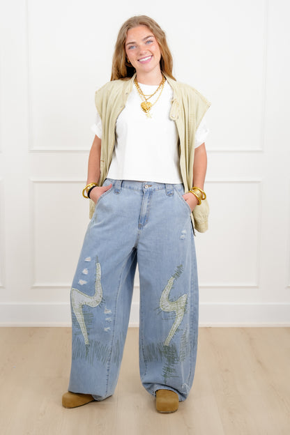 POL Light Wash Twill Wide Leg Pants With Patches