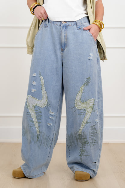 POL Light Wash Twill Wide Leg Pants With Patches