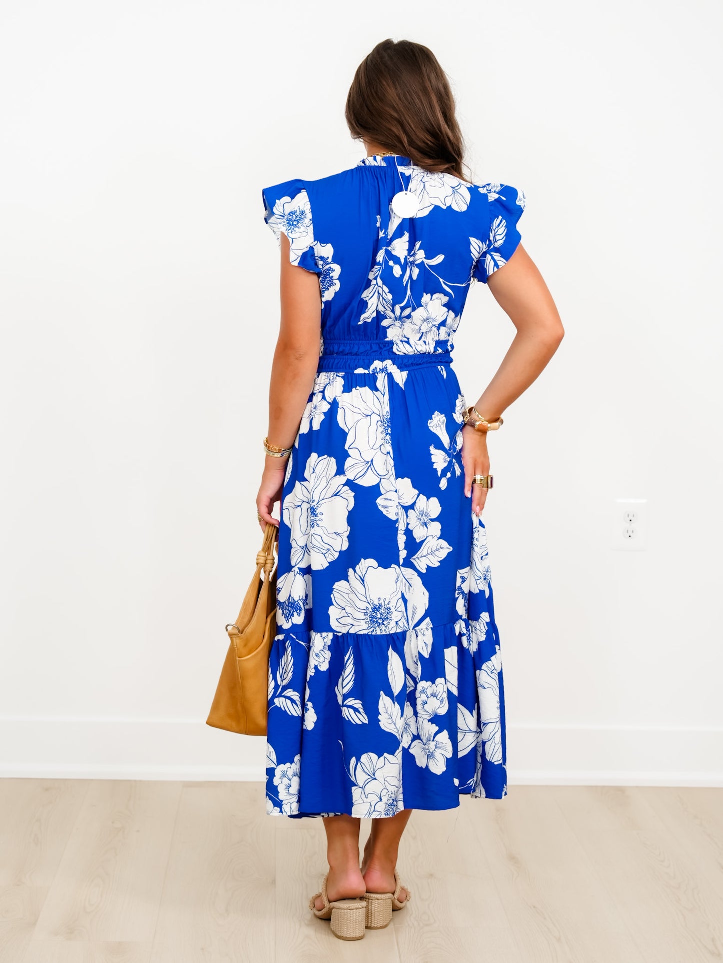 Plus/Reg Blue Floral Print Short Flutter Sleeve Midi Dress
