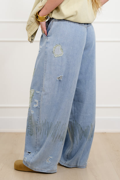POL Light Wash Twill Wide Leg Pants With Patches