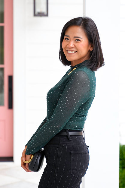 Mesh Long Sleeve Mock Neck Top with Crystals