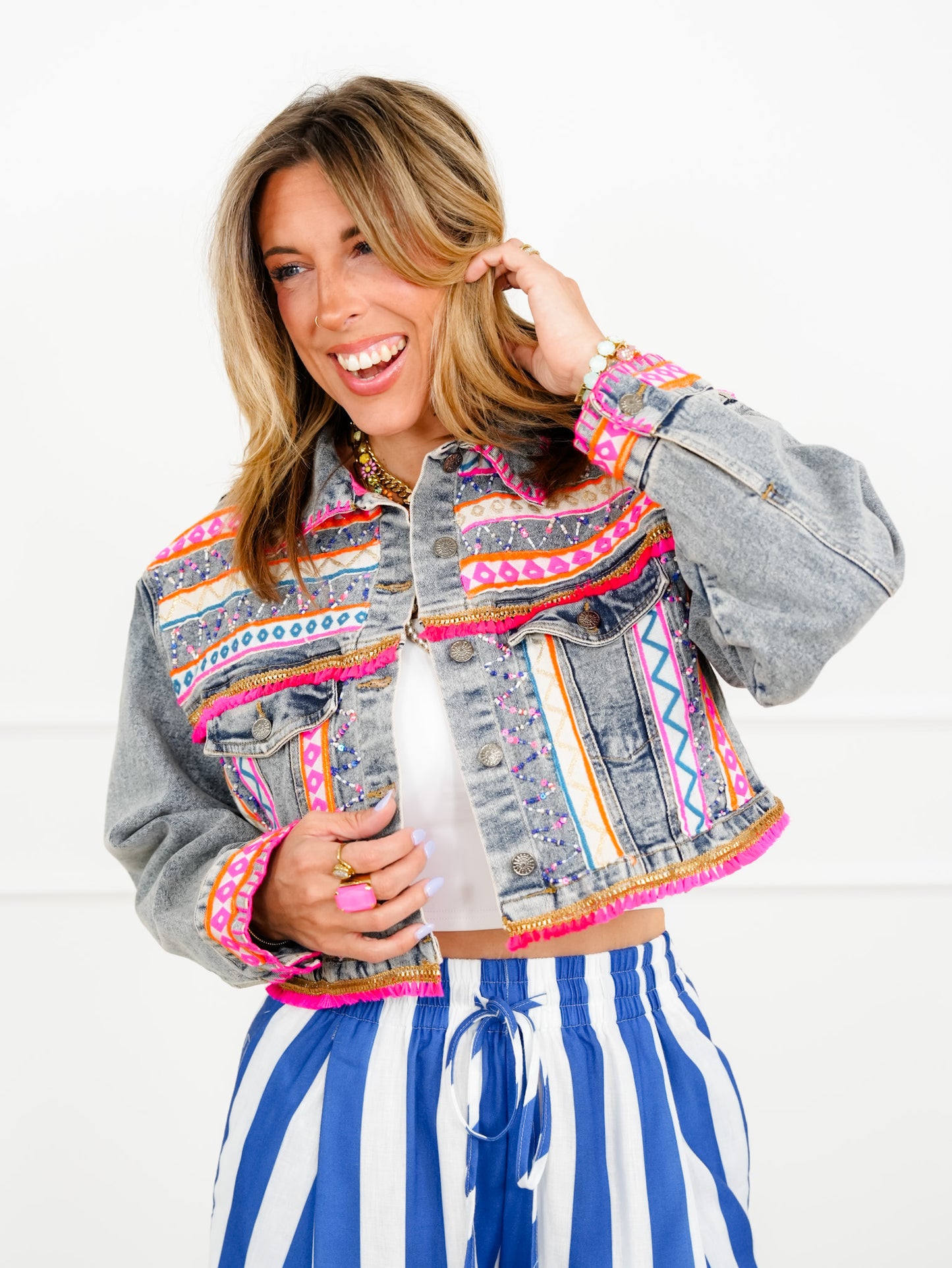 POL Embroidered Long Sleeve Button Down Jacket With Tassels