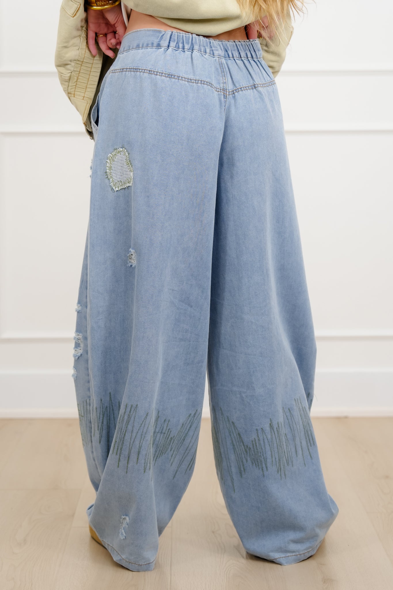 POL Light Wash Twill Wide Leg Pants With Patches