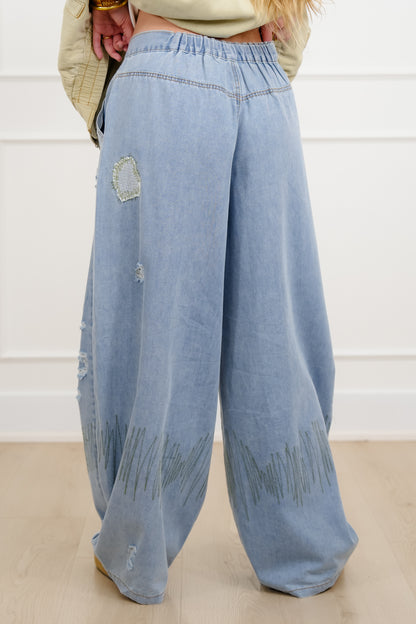 POL Light Wash Twill Wide Leg Pants With Patches