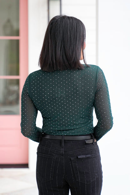 Mesh Long Sleeve Mock Neck Top with Crystals