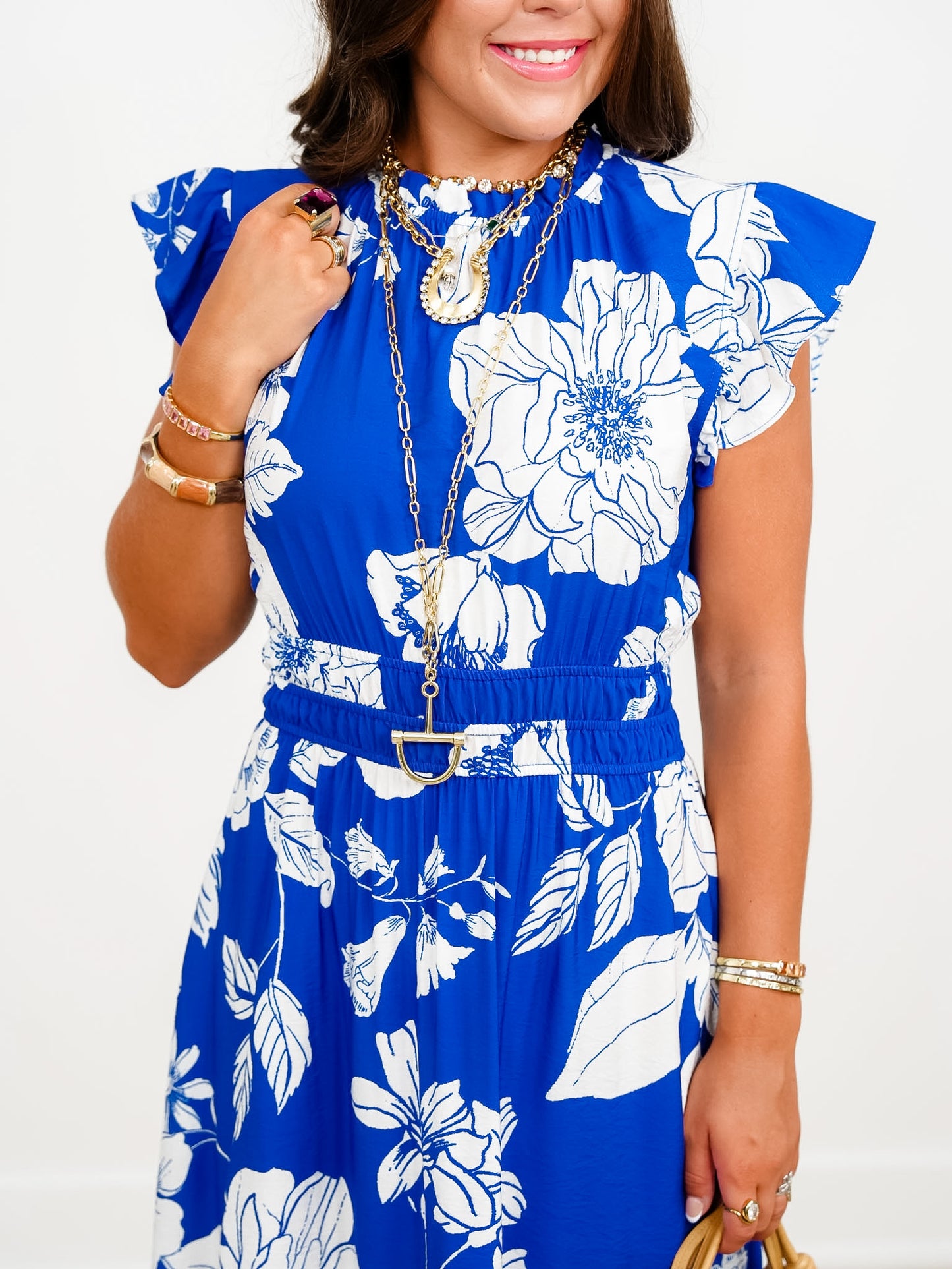 Plus/Reg Blue Floral Print Short Flutter Sleeve Midi Dress