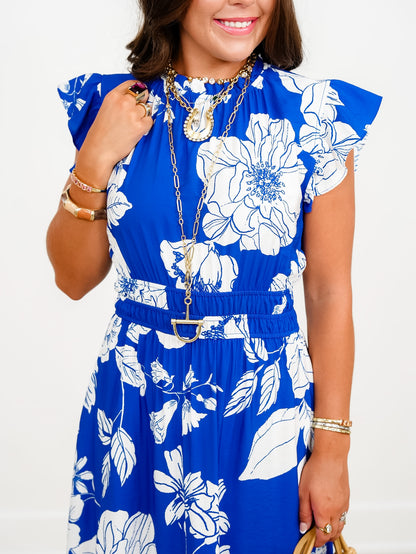 Plus/Reg Blue Floral Print Short Flutter Sleeve Midi Dress