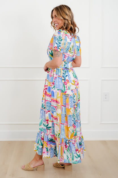 Floral Print Short Sleeve Deep V Neck Tiered Maxi Dress