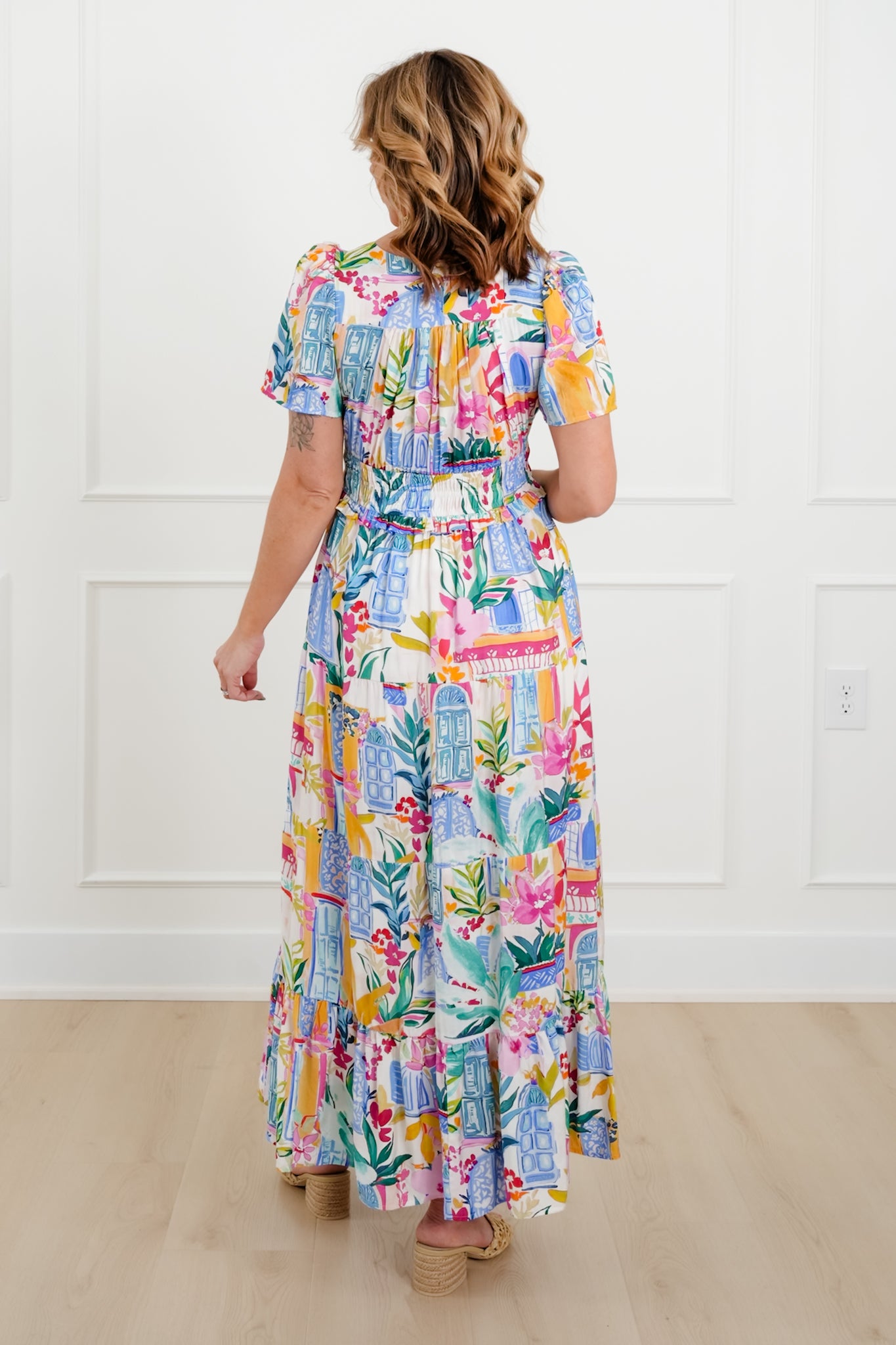 Floral Print Short Sleeve Deep V Neck Tiered Maxi Dress