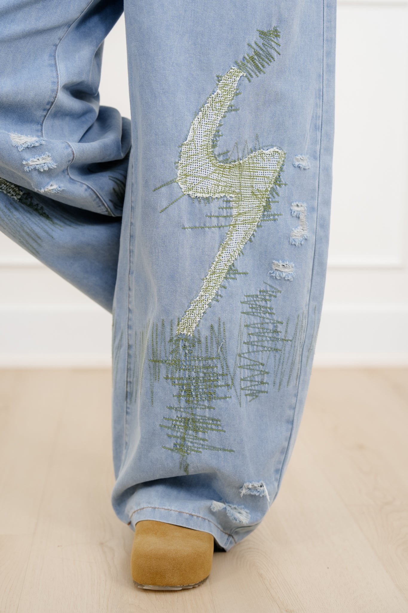 POL Light Wash Twill Wide Leg Pants With Patches