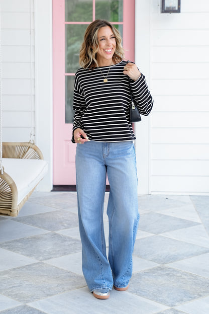 Stripe Pattern Long Sleeve Round Neck Top