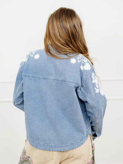 Veveret Medium Wash Long Sleeve Jacket with Floral Detail