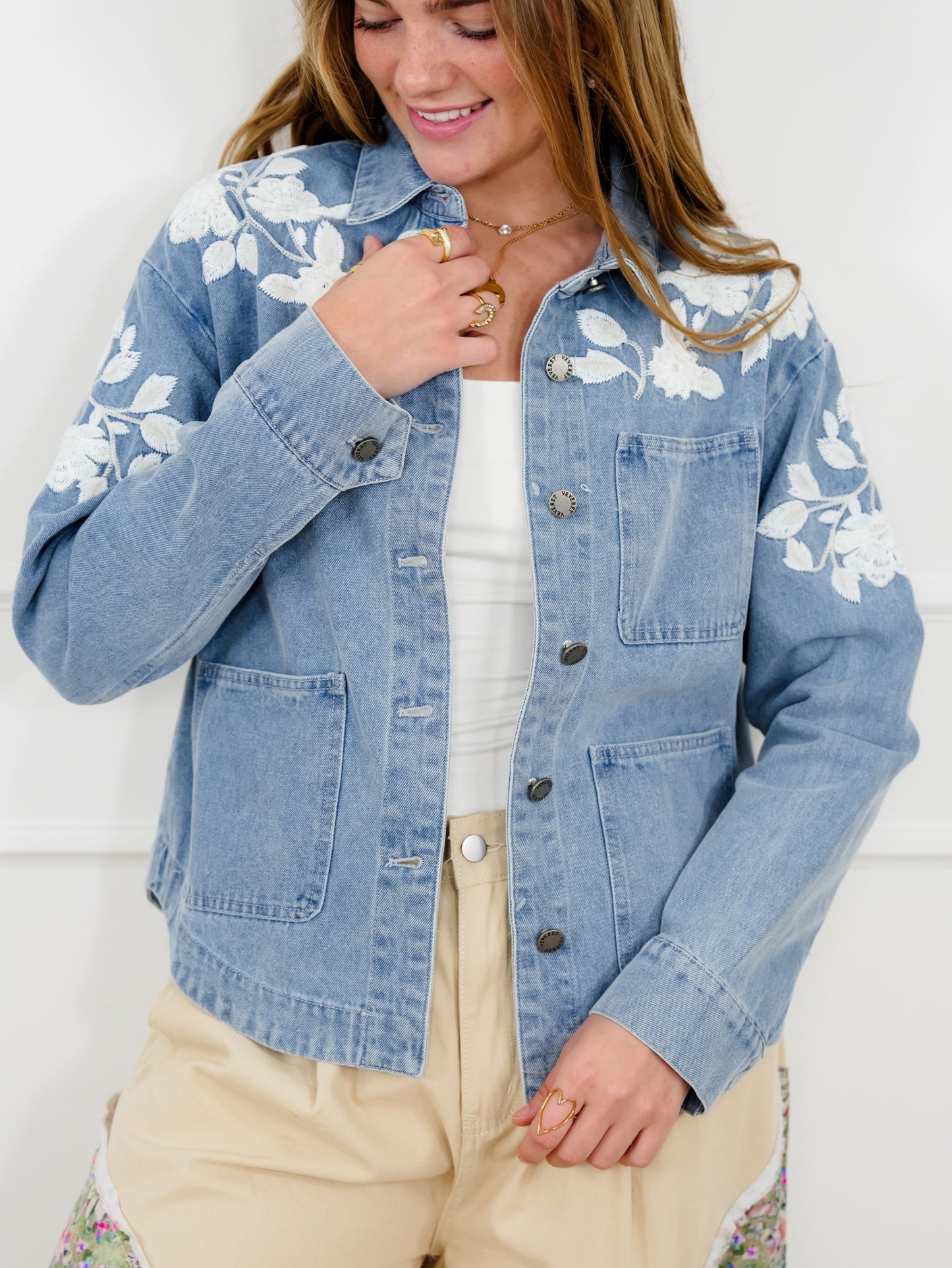 Veveret Medium Wash Long Sleeve Jacket with Floral Detail