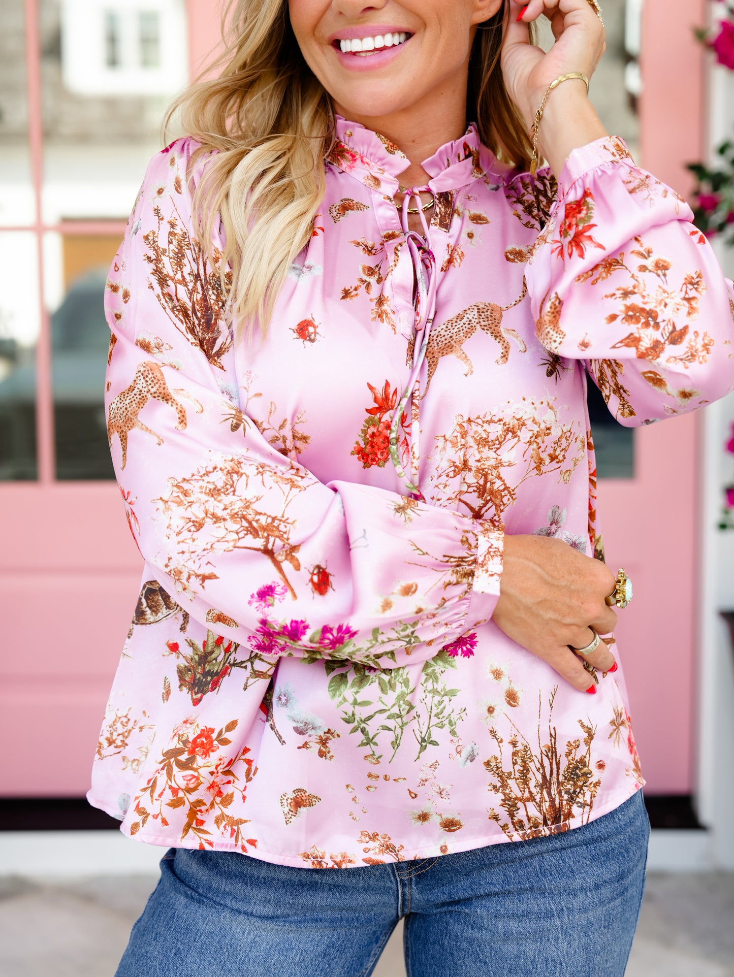 Floral and Leopard Print Long Sleeve Blouse